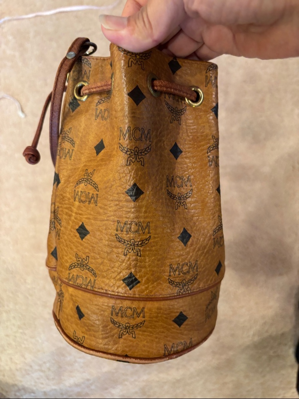 MCM Cognac Monogram Visetos Drawstring Shoulder Bag - Picture 7 of 9